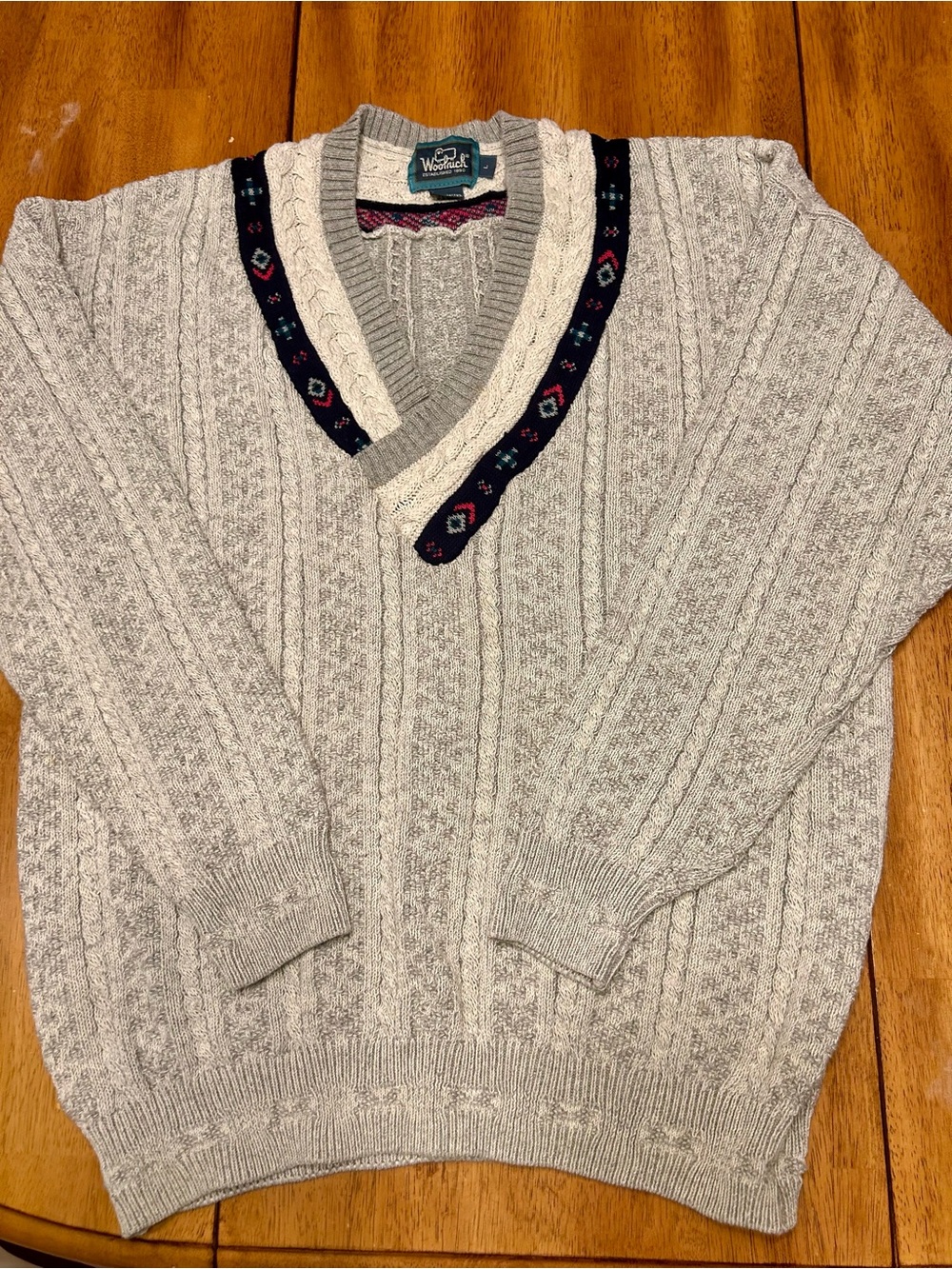 Woolrich Men's Light Gray Cable Knit V-Neck Sweater with Contrast Trim Large